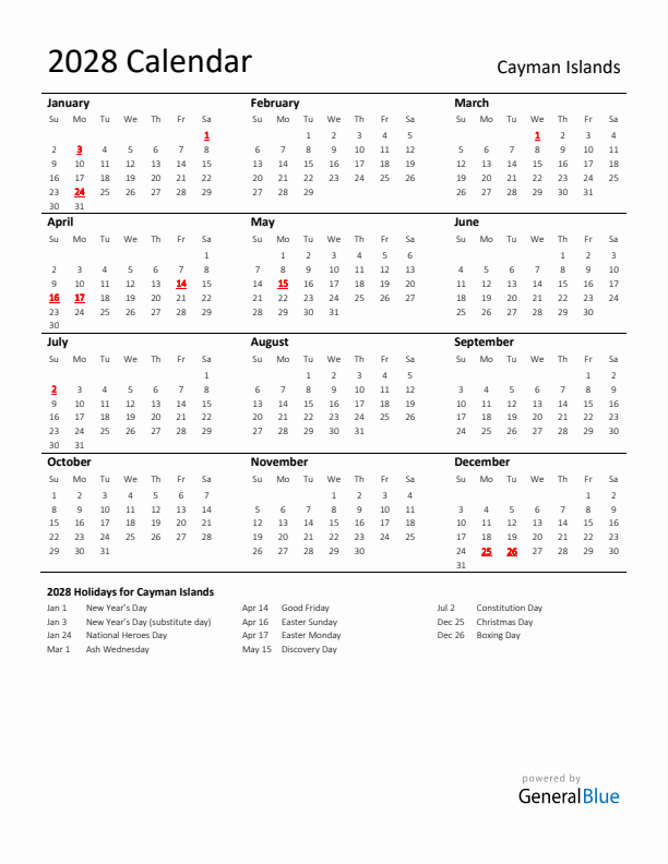 Standard Holiday Calendar for 2028 with Cayman Islands Holidays 