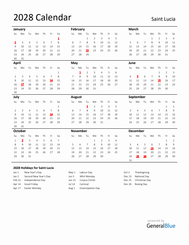 Standard Holiday Calendar for 2028 with Saint Lucia Holidays 
