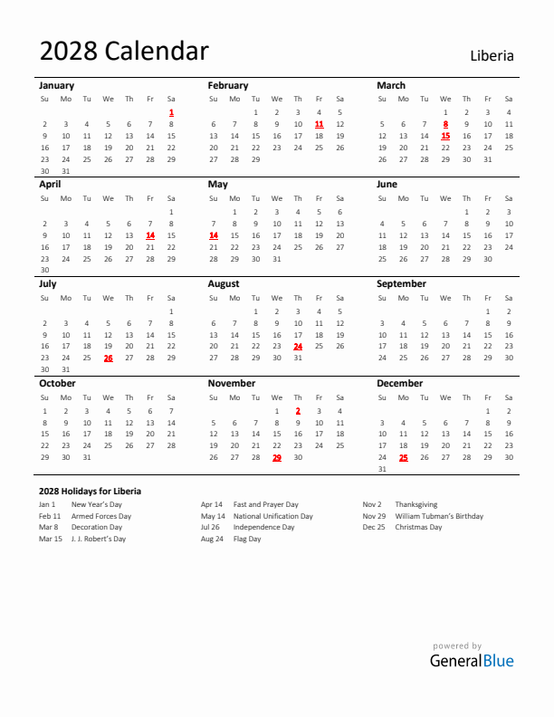 Standard Holiday Calendar for 2028 with Liberia Holidays 