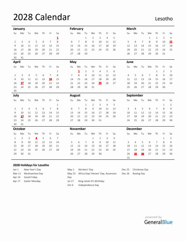 Standard Holiday Calendar for 2028 with Lesotho Holidays