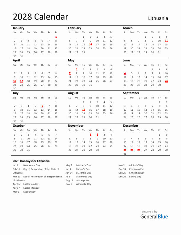 Standard Holiday Calendar for 2028 with Lithuania Holidays 