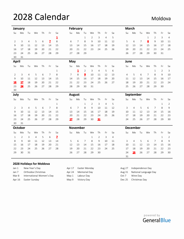 Standard Holiday Calendar for 2028 with Moldova Holidays