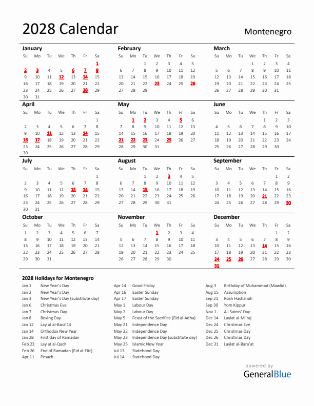 Standard Holiday Calendar for 2028 with Montenegro Holidays 