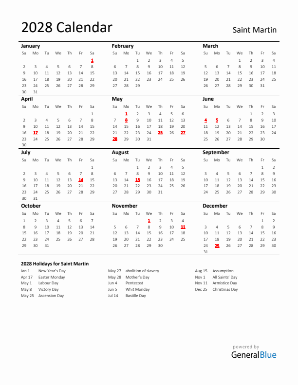 Standard Holiday Calendar for 2028 with Saint Martin Holidays 