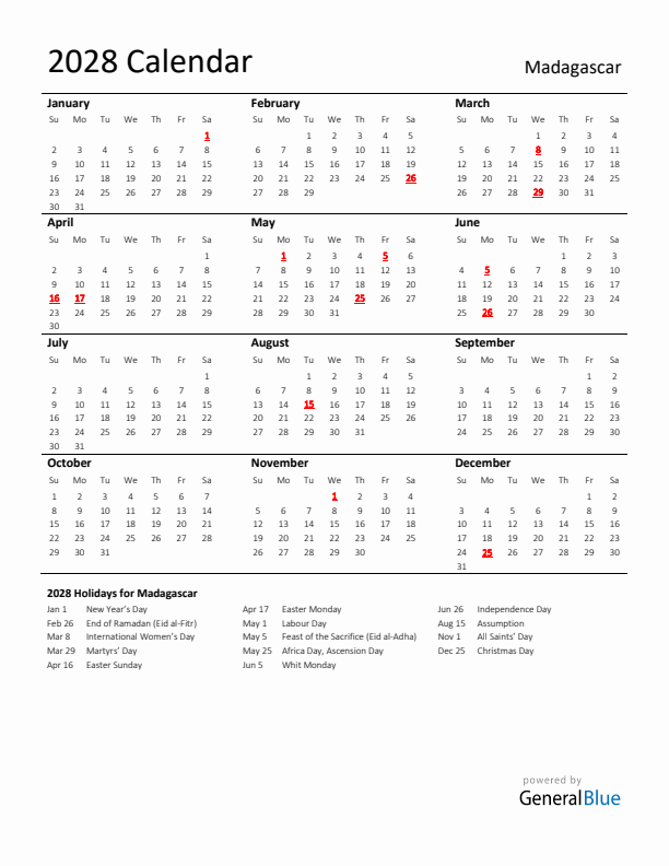 Standard Holiday Calendar for 2028 with Madagascar Holidays