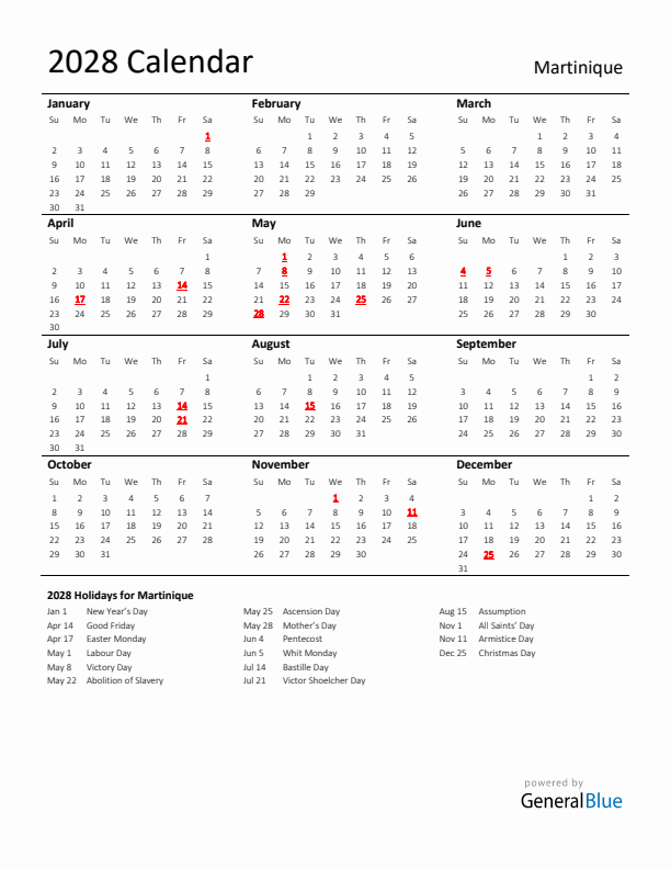 Standard Holiday Calendar for 2028 with Martinique Holidays