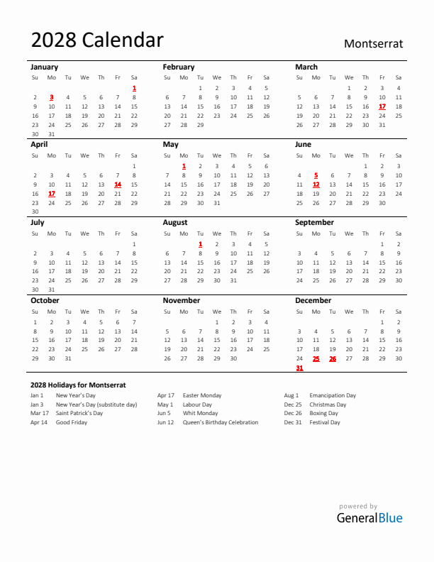 Standard Holiday Calendar for 2028 with Montserrat Holidays 