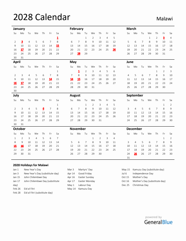 Standard Holiday Calendar for 2028 with Malawi Holidays