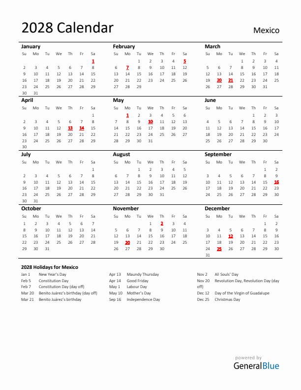 Standard Holiday Calendar for 2028 with Mexico Holidays