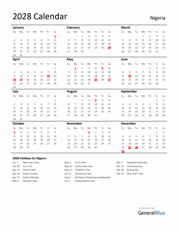 Standard Holiday Calendar for 2028 with Nigeria Holidays 