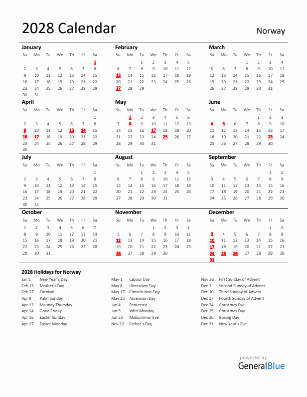 Standard Holiday Calendar for 2028 with Norway Holidays