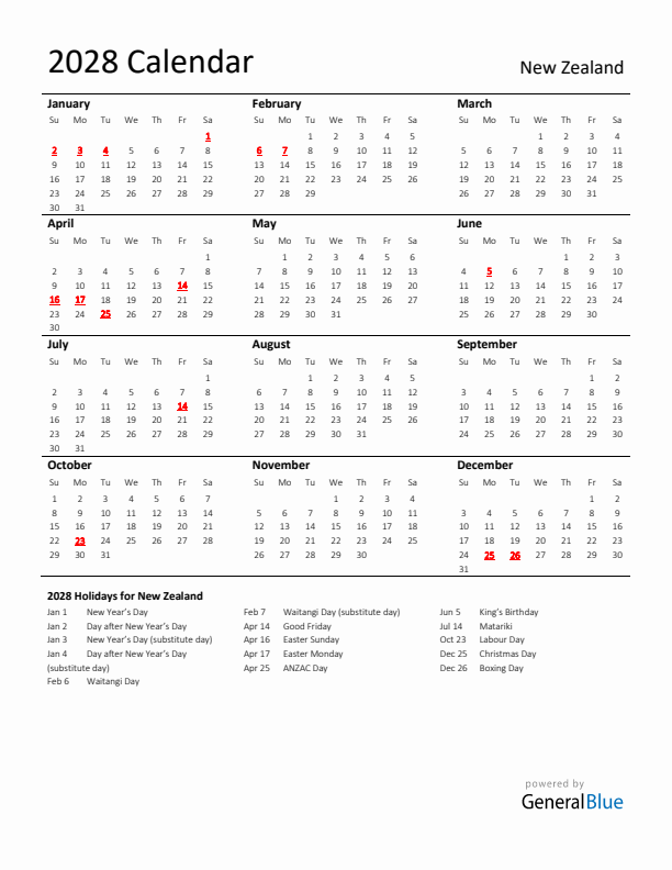 Standard Holiday Calendar for 2028 with New Zealand Holidays