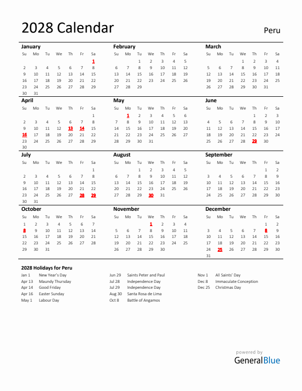 Standard Holiday Calendar for 2028 with Peru Holidays