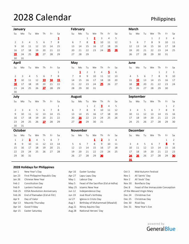 Standard Holiday Calendar for 2028 with Philippines Holidays