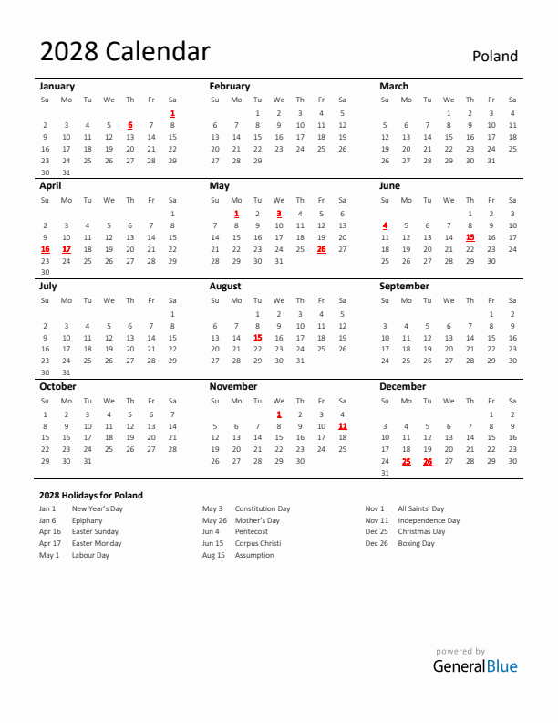 Standard Holiday Calendar for 2028 with Poland Holidays