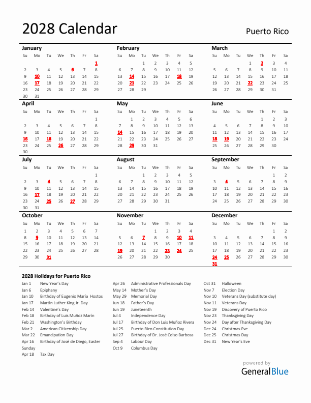 Standard Holiday Calendar for 2028 with Puerto Rico Holidays 
