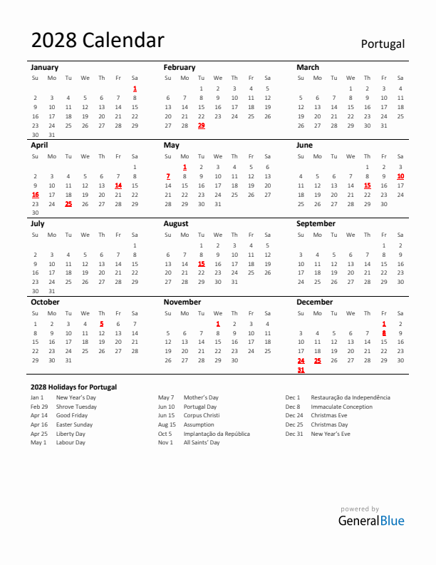 Standard Holiday Calendar for 2028 with Portugal Holidays