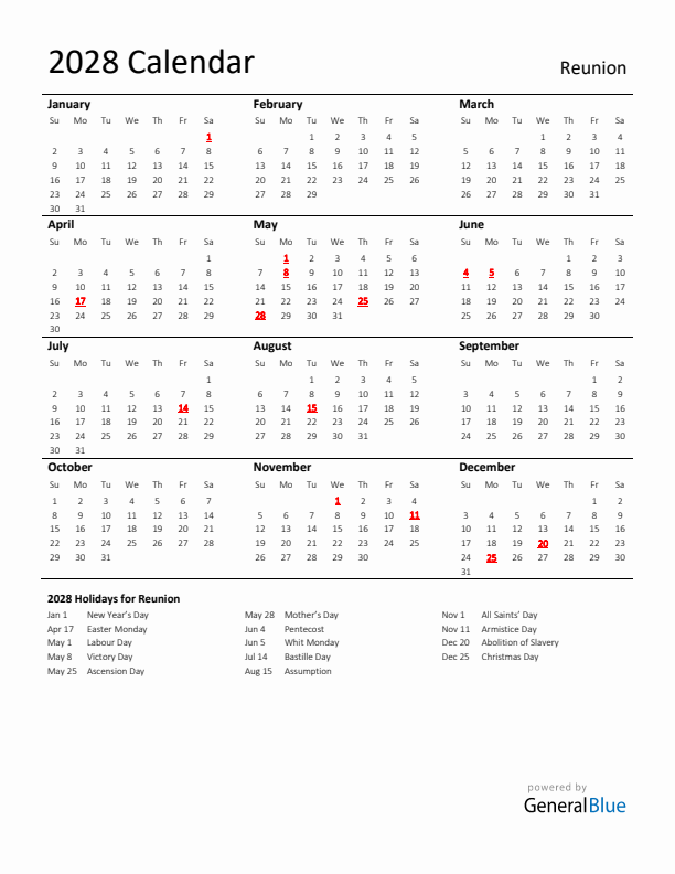 Standard Holiday Calendar for 2028 with Reunion Holidays