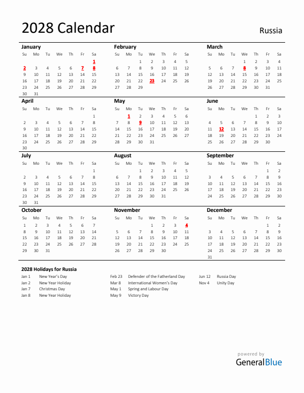 Standard Holiday Calendar for 2028 with Russia Holidays