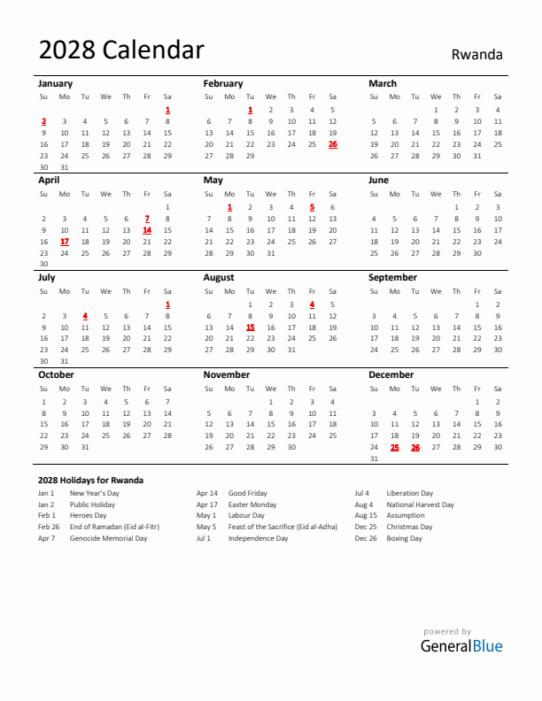 Standard Holiday Calendar for 2028 with Rwanda Holidays