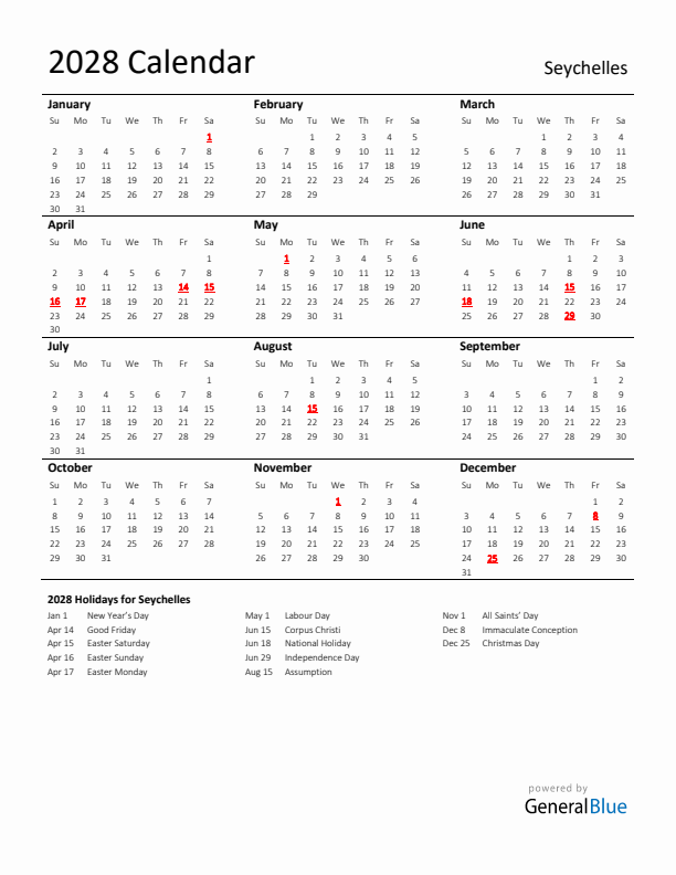 Standard Holiday Calendar for 2028 with Seychelles Holidays 