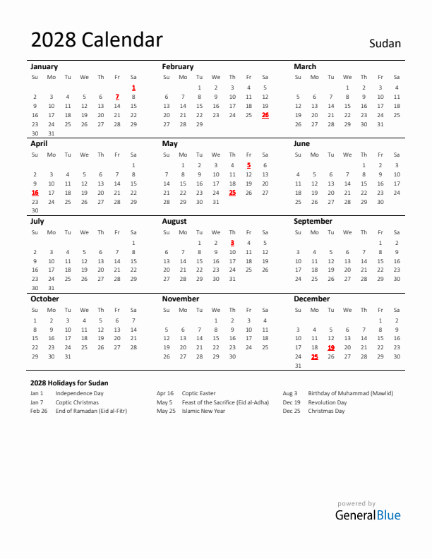 Standard Holiday Calendar for 2028 with Sudan Holidays 