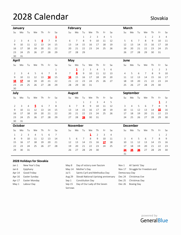 Standard Holiday Calendar for 2028 with Slovakia Holidays