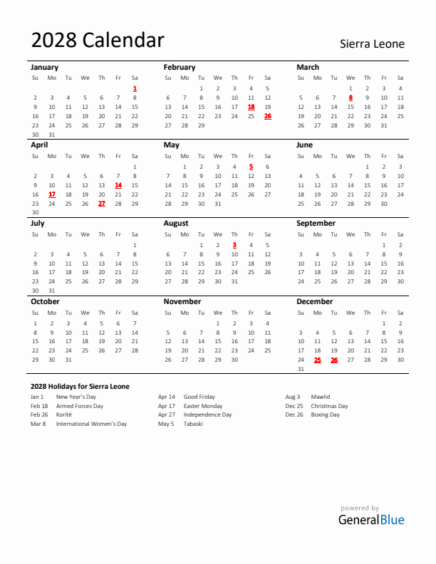 Standard Holiday Calendar for 2028 with Sierra Leone Holidays 