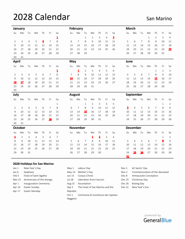 Standard Holiday Calendar for 2028 with San Marino Holidays