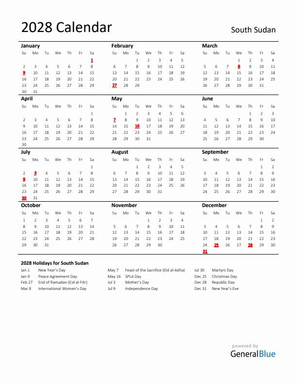 Standard Holiday Calendar for 2028 with South Sudan Holidays