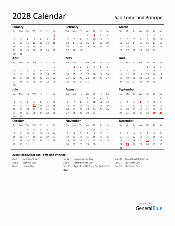 Standard Holiday Calendar for 2028 with Sao Tome and Principe Holidays 