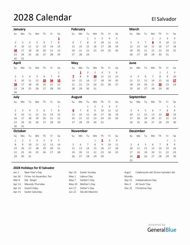 Standard Holiday Calendar for 2028 with El Salvador Holidays