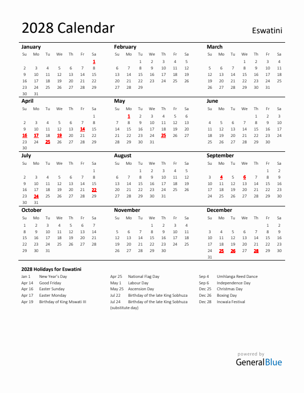 Standard Holiday Calendar for 2028 with Eswatini Holidays 