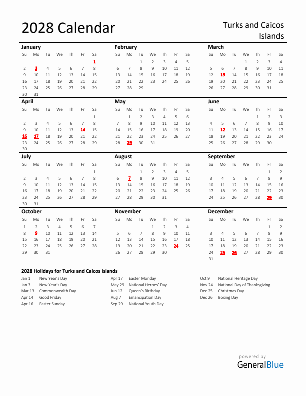 Standard Holiday Calendar for 2028 with Turks and Caicos Islands Holidays 