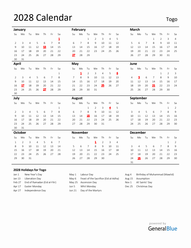 Standard Holiday Calendar for 2028 with Togo Holidays