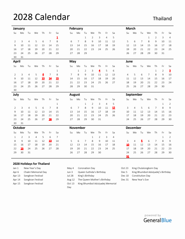 Standard Holiday Calendar for 2028 with Thailand Holidays 