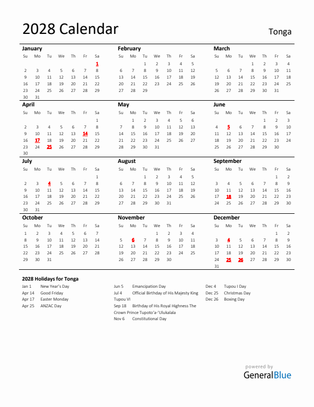Standard Holiday Calendar for 2028 with Tonga Holidays 