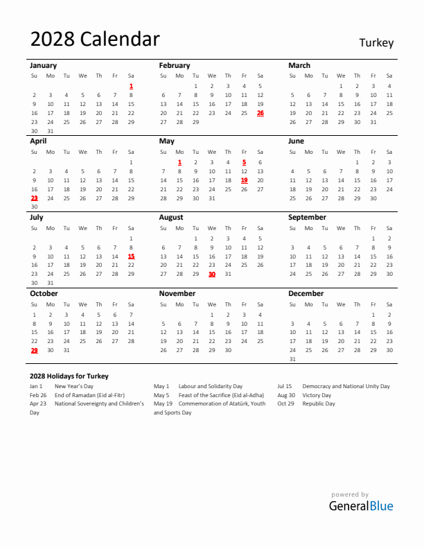 Standard Holiday Calendar for 2028 with Turkey Holidays