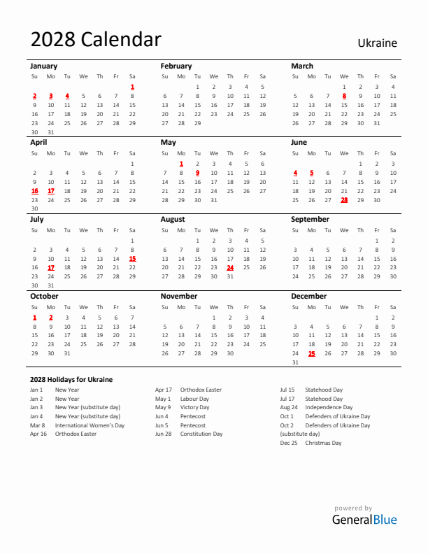 Standard Holiday Calendar for 2028 with Ukraine Holidays