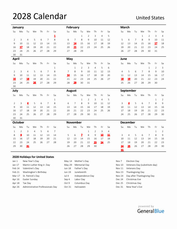 Standard Holiday Calendar for 2028 with United States Holidays