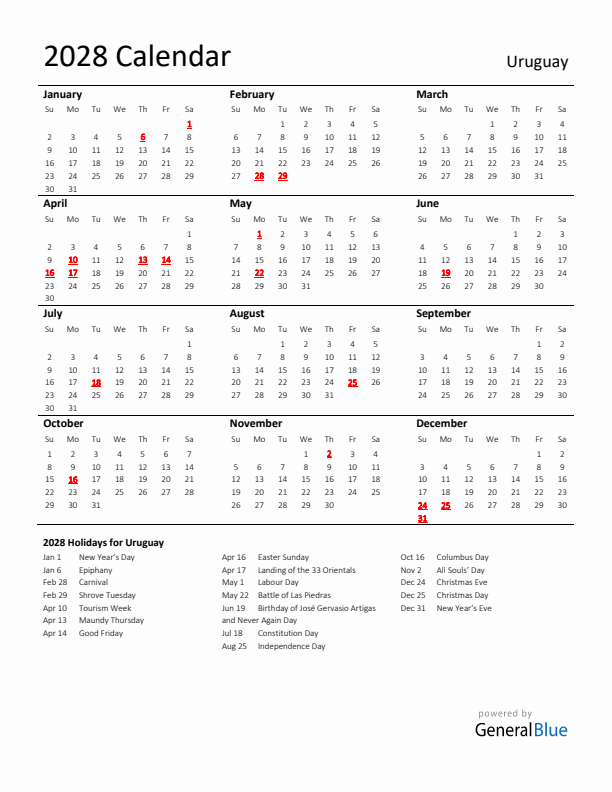 Standard Holiday Calendar for 2028 with Uruguay Holidays