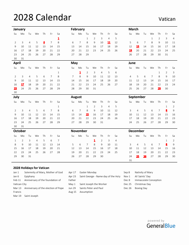 Standard Holiday Calendar for 2028 with Vatican Holidays