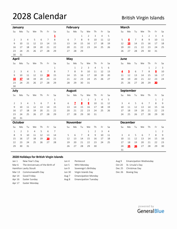 Standard Holiday Calendar for 2028 with British Virgin Islands Holidays 
