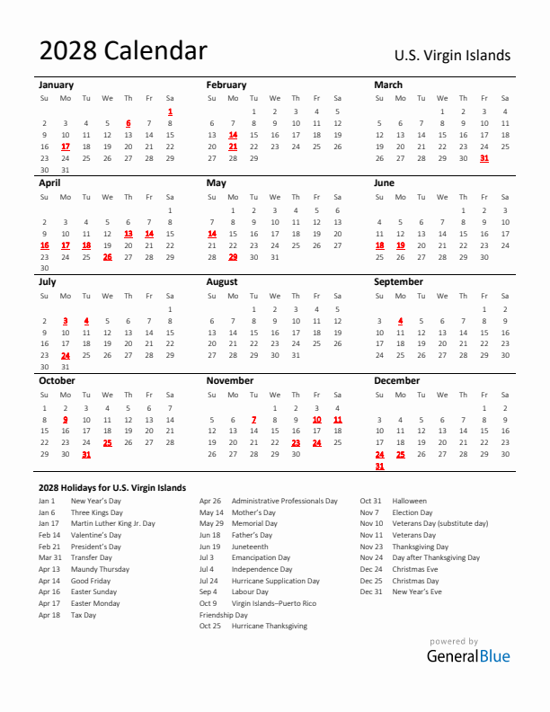 Standard Holiday Calendar for 2028 with U.S. Virgin Islands Holidays 