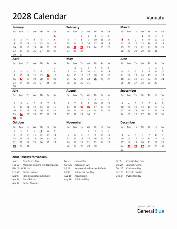 Standard Holiday Calendar for 2028 with Vanuatu Holidays 