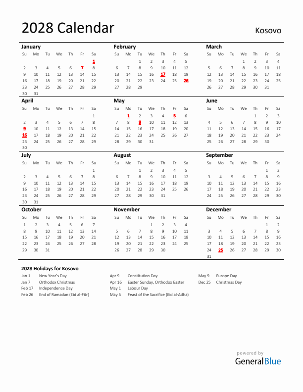 Standard Holiday Calendar for 2028 with Kosovo Holidays