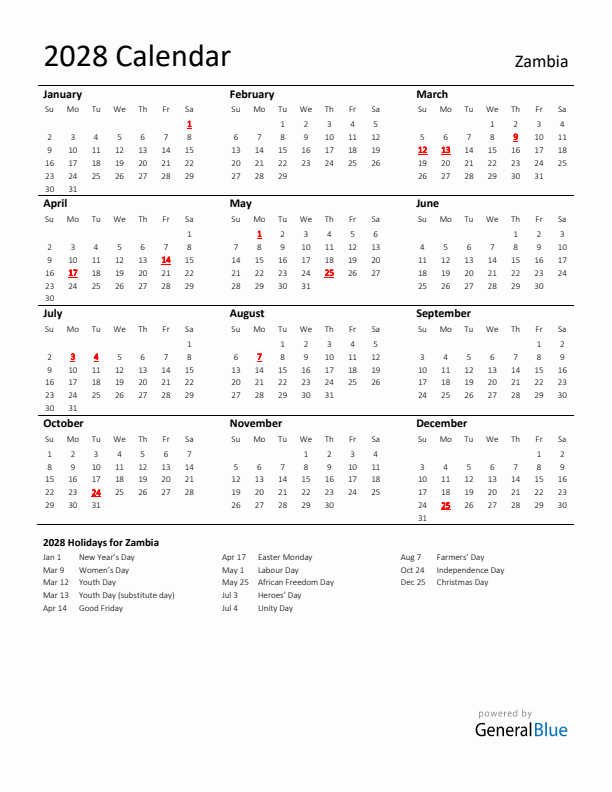 Standard Holiday Calendar for 2028 with Zambia Holidays