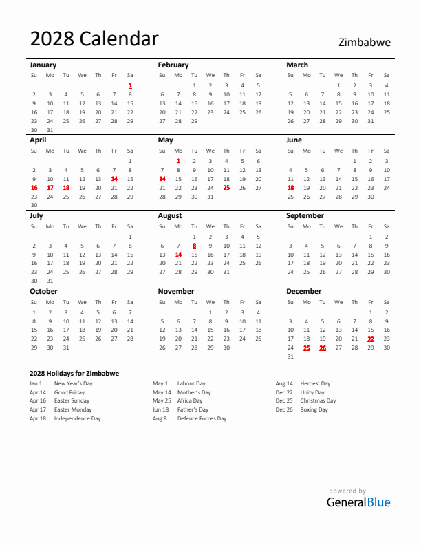 Standard Holiday Calendar for 2028 with Zimbabwe Holidays