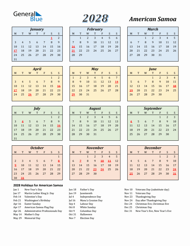 American Samoa Calendar 2028 with Monday Start