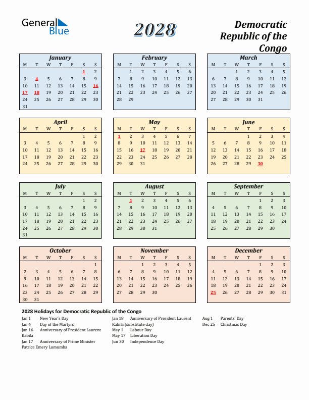 Democratic Republic of the Congo Calendar 2028 with Monday Start